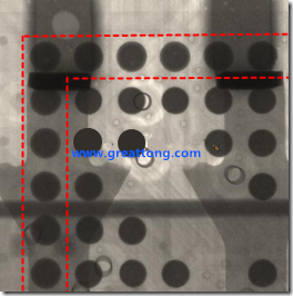 BGA錫球尺寸小于0.4mm，采用降低BGA內圍襲球的錫膏量所得到X-Ray，稍微留意一下可以發現最外圈的錫量(圓的直徑)比其他內圍的錫球上的錫量來得多一點點。也就是外圈的黑色圓形直徑比內圈的圓形來得大一點點。