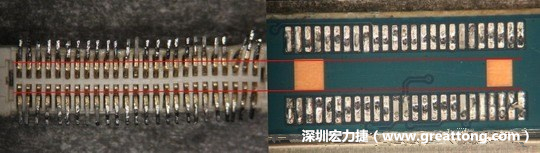把板對板連接器與其電路板的佈線焊墊作一個比較，端子的切斷面有毛邊的地方剛好對到了裸銅區。