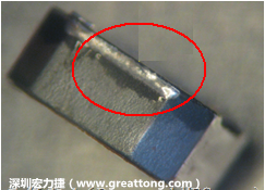 使用錫(Sn)鍍層的電源電感器(Power Inductors)，經過推力測試后，其焊點還保留在零件的端點上，所以推力比較高。