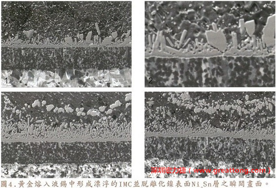 下面四張圖片為放大4500倍的SEM圖像，說明在回流焊爐熱量不足的情況下，黃金成份正要從鎳層分離融入焊錫之中的瞬間，當零件遭受外力沖擊的時候就極有可能從這一整排AuSn、、AuSn2或AuSn4的IMC處裂開。