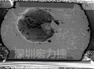 錫球氣泡大到足以影響到焊接的品質，下圖是錫球切片后的剖面，可以很明顯看到氣泡已經有錫球的 1/3 大了