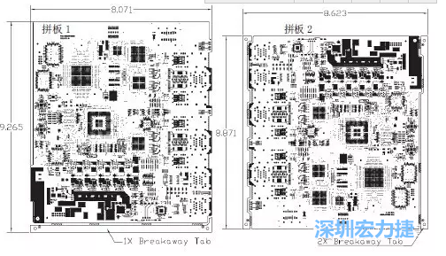 如圖7所示是使用不同數量邊條的拼板，拼板1僅使用了一個邊條，直接利用PCB另一邊作為SMT工藝傳送邊，并且PCB圖形中有合適的安裝孔；而拼板2則是按常規設計了兩個邊條。拼板方式為連接筋。圖中“Breakaway Tab”指邊條-深圳宏力捷