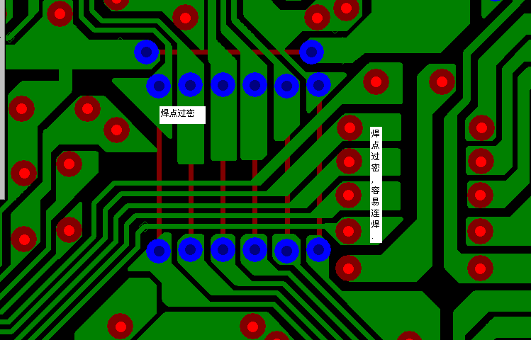 PCB設計焊點過密，易造成波峰連焊，焊點間漏電