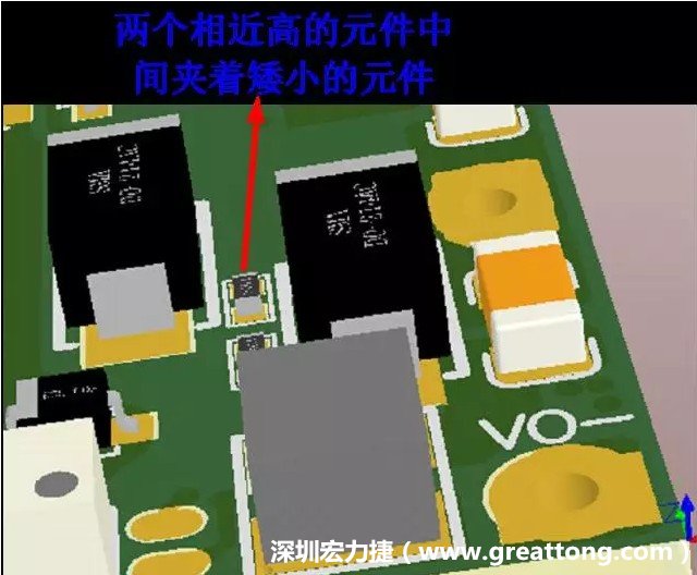 放置器件時要考慮以后的焊接和維修，兩個高度高的元件之間盡量避免放置矮小的元件