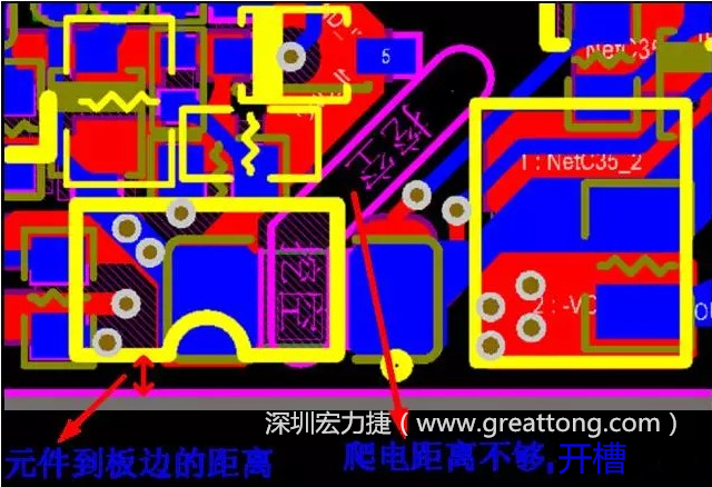 如果碰到模塊PCB空間有限，爬電距離不夠，可以采用開槽的方式