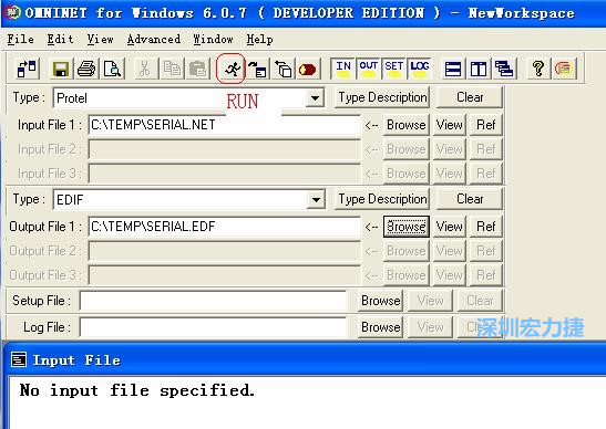 輸出文件類型(Type)選 EDIF。Output File 1 指定輸出文件的文件名和路徑。然后點擊 Run(跑動的小人)。