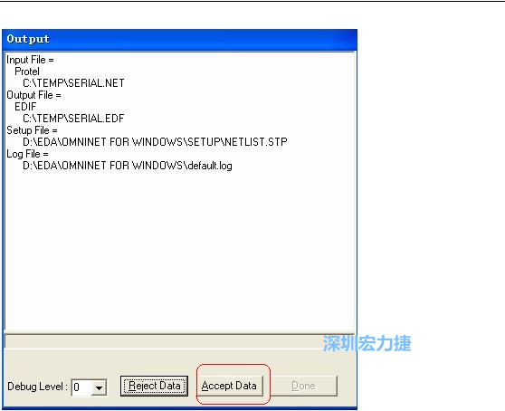 系統彈出一個輸出窗口，點擊 Accept Data。完成后點擊“確定”，再點擊“Done”關閉輸出窗口。退出 Omninet for Windows。