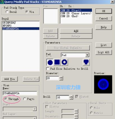 分析文件完成后，點擊菜單Setup→Pad Stacks調出焊盤堆設置窗口，將Pad Stack Type改為Via