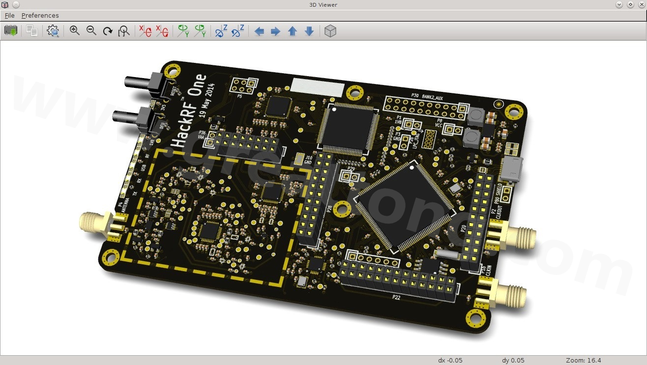 經KiCad軟體3D功能渲染過的HackRF One電路板。