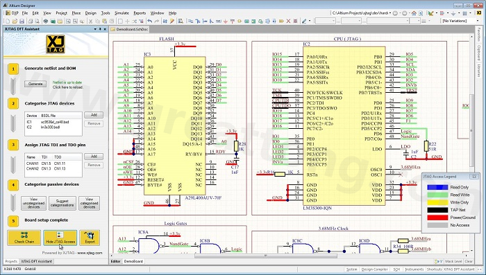 XJTAG DFT Assistant的Access Viewer模式可以清楚地顯示可用的測試存取層級，讓電路板設計人員在展開PCB布局以前的原理圖擷取階段盡可能地提高測試存取能力