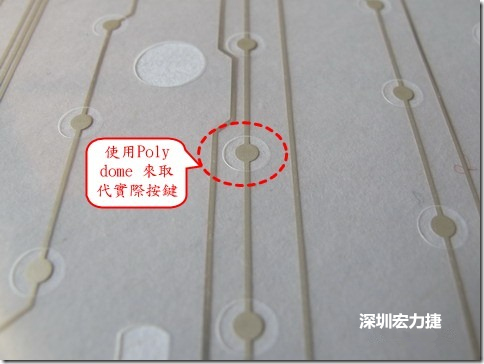 仔細看下面的第一張圖片，在圓形的節點旁邊有個圓形的開口，這個開口墊高了鍵盤按鍵的接觸點線路。