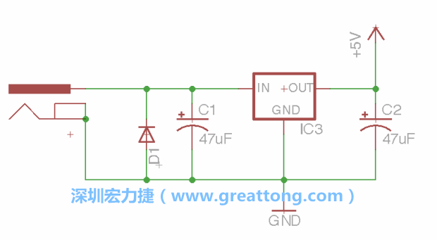 新增RBBB→Power_Jack，將它放在電壓調整器的輸入端旁邊。