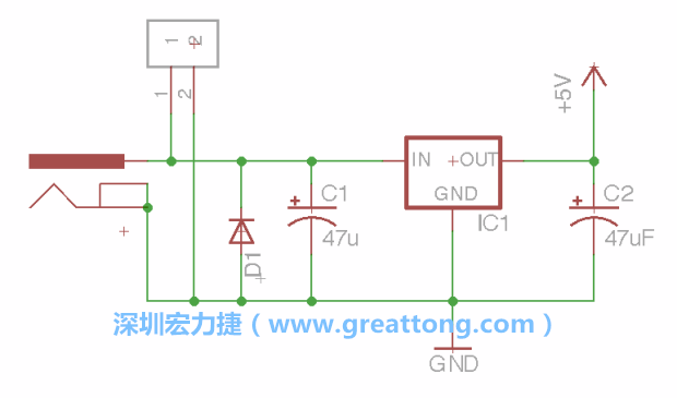 2.5.    新增一個二極體，它會以水平的狀態出現在屏幕上，請使用「旋轉（Rotate）」工具把它負極那一面朝上，并且用「網絡連接」工具將它連接在電壓調整器的輸入端和接地端之間。