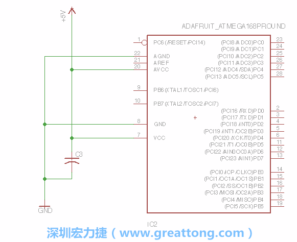 3.1.    新增微控制器晶片（RBBB → ATmega），把它放在電路原理圖的中央附近，把它的兩個接地接頭連接到接地訊號端。