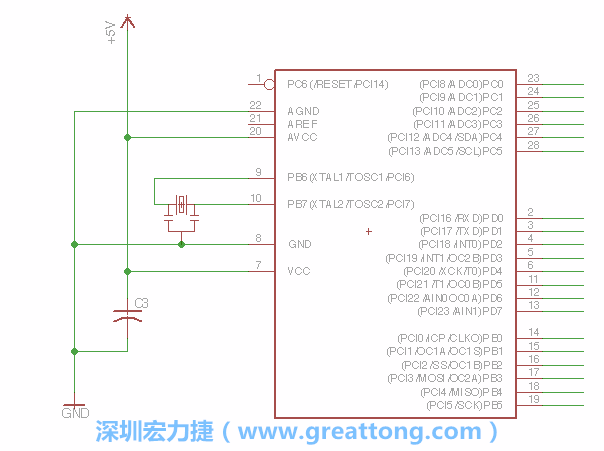 3.2.    在靠近ATmega的電源供應針腳7的位置放置一個0.1μF的電容，將它分別連接電源、接地端和針腳7。
