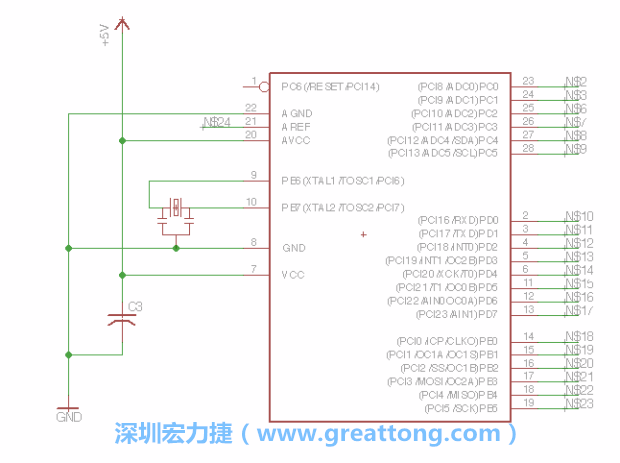 3.3.    將共鳴器（resonator）放置在針腳9和針腳10附近，將它的三個針腳連接如圖所示，并確認最中間的針腳有連到接地端。