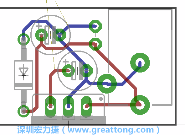 接地連結點的布線情形如下圖所示，利用這個練習來避免電路連線銳角化的產生是一個不錯的選擇，你可以在工具列中的彎曲線路（Wire Bend）選項里改變各種布線的變化。
