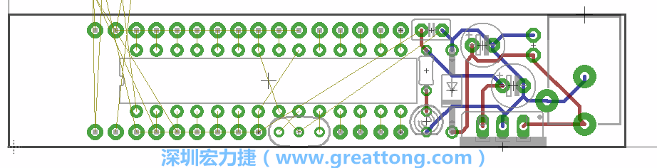 將ATmega微控制器、三個GPIO排針（JP2, JP3, JP4）和諧振器（resonator）排置如上圖所示。