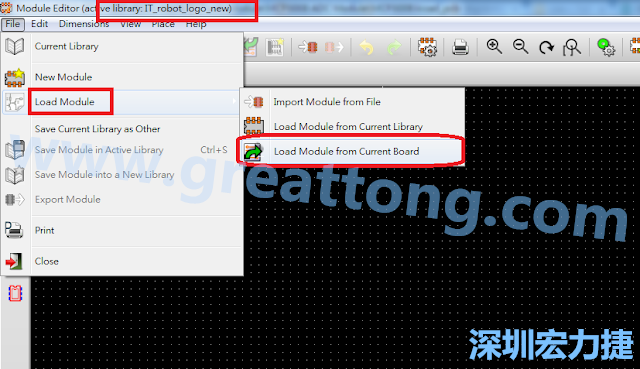 進入Module Editor去載入其他Footprint(Module)進來， 從目前的Active library (不過要先選取一個Current library ) 載入Module 或從目前正在編輯的PCB載入Module。